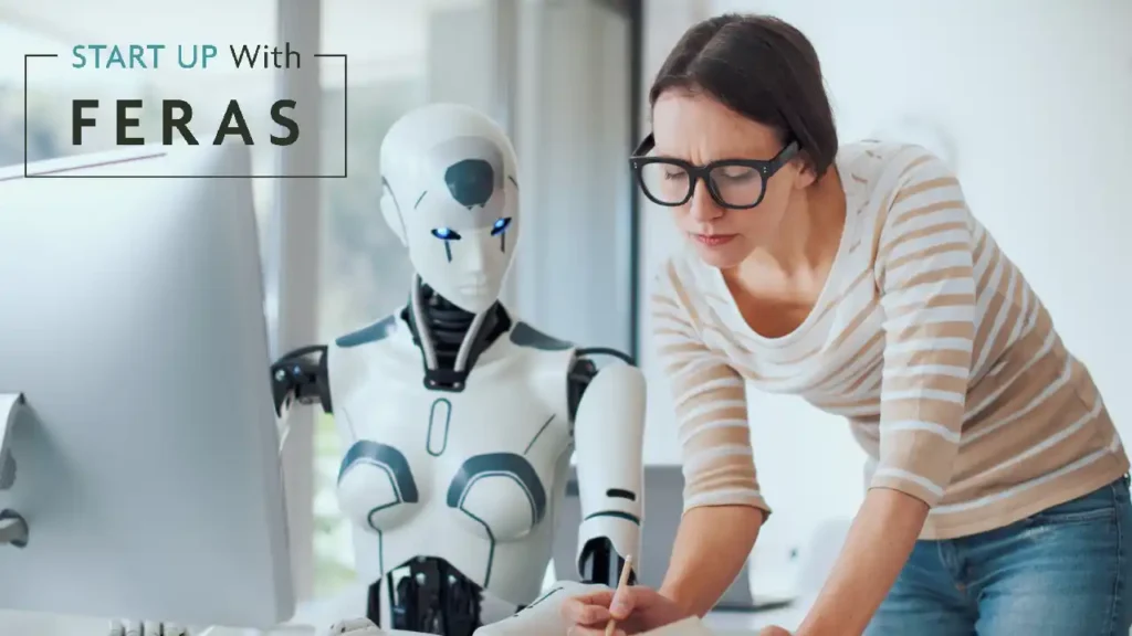 businesswoman and ai robot working together